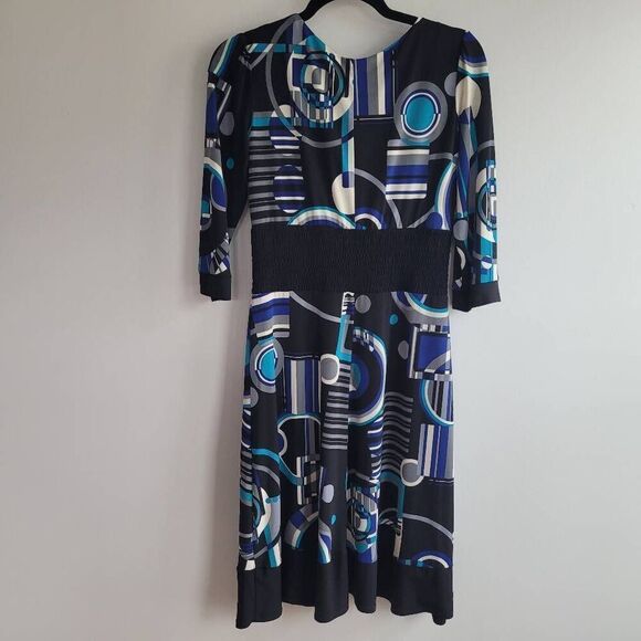 Vintage y2k geometric print blue v neck dress artsy unique‎ 2000s office - Picture 2 of 13